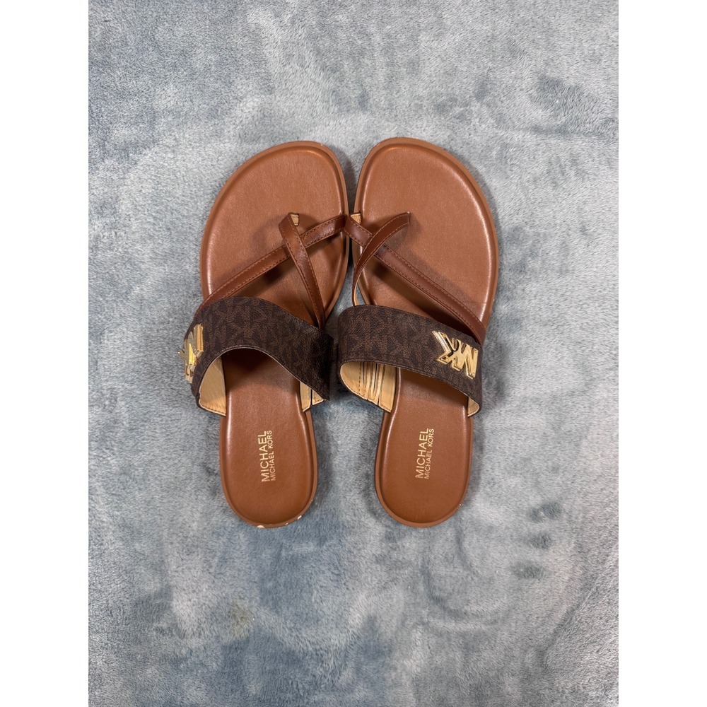Michael Kors MK Logo Plate Toe Loop Sandals 8M Brown Monogram Hardware